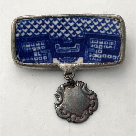 Vintage Broken Blue Porcelain Brooch Pin Dangling Charm - Picture 1 of 3